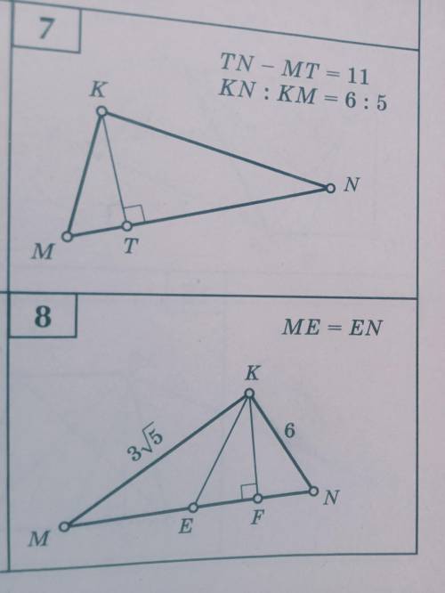 Решите 7 и 8 во всех задачах:угол K=90найлите неизвестные элементы треугольника MNK