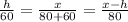 \frac{h}{60} =\frac{x}{80+60}=\frac{x-h}{80}\\