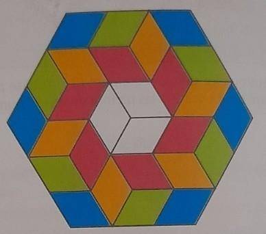 Avec 27 losanges de couleur qui ont la même forme, on a fabriqué un hexagone régulier 1. Trouvez les