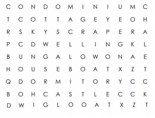 Task 1 (30 points). Find 10 words on the topic “Types of dwellings” in the wordsearch. The words are