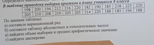 В таблице приведена выборка прыжков в длину учащихся 8 кла 198 200194 212 216 220 182 220 182 190185