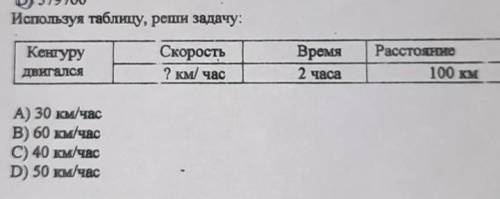 Используя таблицу, реши задачу: Кенгуру двигался Скорость 2 км/час Время 2 часа Расстояние 100 км А)