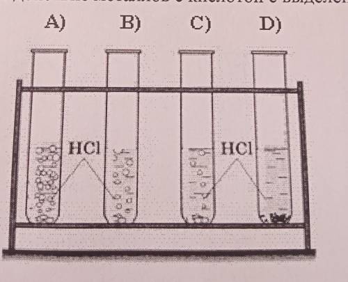 С. 4.На рисунке показано взаимодействие металлов с кислотой с выделением водорода. B) C) D) HCI HCI 