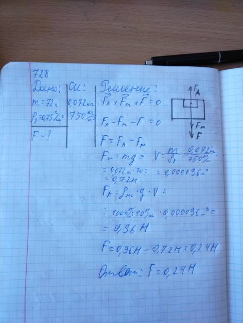 728. Определите модуль силы, которую необходимо приложить к куску дерева массой т = 72 г, чтобы удер