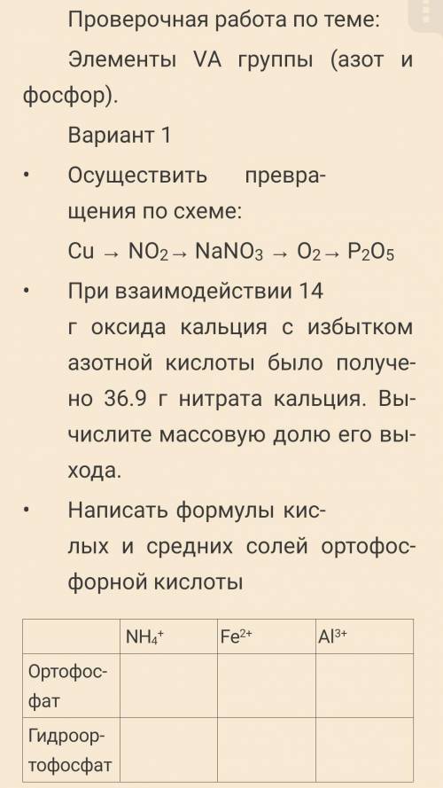 Проверочная работа по теме: Элементы VА группы (азот и фосфор). Вариант 1 Осуществить превращения по