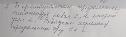 в прямоугольном треугольнике гипотинуза равно с, а острый угол 2. Выразите периметр треугольника чер