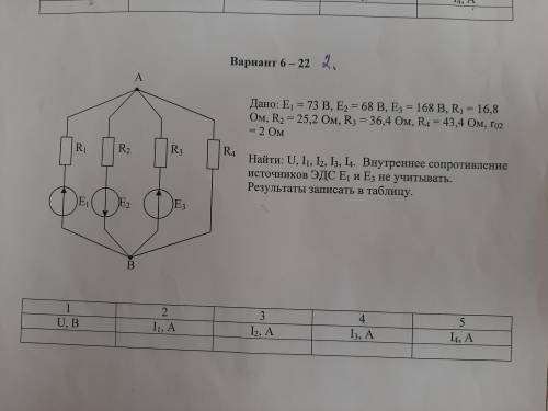 Дано: E1=73 В, E2=68 B, E3=168 B, R1=16,8 Ом, R2=25,2 Ом, R3 = 36,4 Ом, R4 = 43,4 Ом, r02 = 2 Ом Най