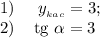 1)\; \: \: \: \: \: y_{_{kac}}=3; \\2)\; \: \: \: \: \text{tg }\alpha = 3