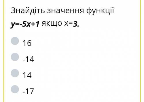 Знайдіть значення функції у=-5х+1, якщо х=3