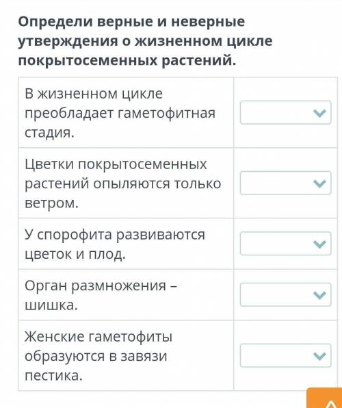 Определи верные и неверные утверждения о жизненном цикле покрытосеменных растений. В жизненном цикле
