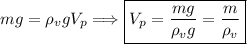 mg = \rho_{v}gV_{p} \Longrightarrow \boxed{ V_{p} = \dfrac{mg}{\rho_{v}g} = \dfrac{m}{\rho_{v}} }