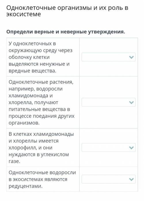 1 Определи верные и неверные утверждения. У одноклеточных в окружающую среду через оболочку клетки в