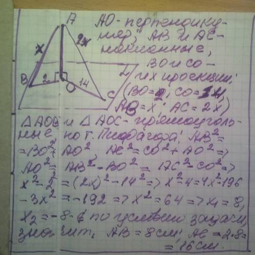 Із деякої точки проведено до даної площини дві похилі.Знайдіть довжини похилих, якщо проекції похили