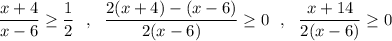 \displaystyle \frac{x+4}{x-6}\geq \frac{1}{2}\ \ ,\ \ \frac{2(x+4)-(x-6)}{2(x-6)} \geq 0\ \ ,\ \ \frac{x+14}{2(x-6)}\geq 0