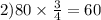 2)80 \times \frac{3}{4} = 60