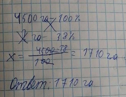 Площадь подя равна 4500 га.Вспахано 38% поля.Сколько га поля вспахано