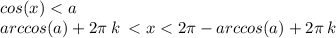 cos(x) < a \\ arccos(a) + 2\pi \: k \: < x < 2\pi - arccos(a) + 2\pi \: k \: