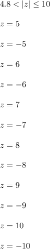 4.8 < |z|\leq 10z=5z=-5z=6z=-6z=7z=-7z=8z=-8z=9z=-9z=10z=-10