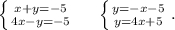 \left \{ {{x+y=-5} \atop {4x-y=-5}} \right. \ \ \ \ \left \{ {{y=-x-5} \atop {y=4x+5}} \right. .\\