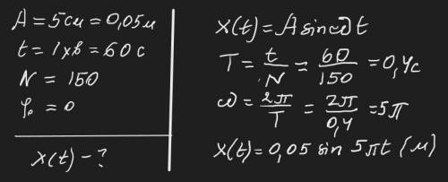 Написати рівняння гармонічного коливального руху з амплітудою А = 5 см, якщо за час t = 1 хв здійсню