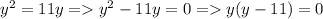 y^2=11y = y^2-11y=0 = y(y-11)=0