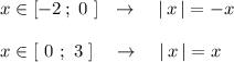 x\in [-2\, ;\ 0\ ]\ \ \to \ \ \ |\, x\, |=-xx\in [\ 0\ ;\ 3\ ]\ \ \ \to \ \ \ |\, x\, |=x