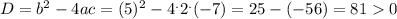 D = b^2- 4ac = (5)^{2} - 4 ^{.} 2 ^{.} (-7) = 25 - (-56) = 81 0