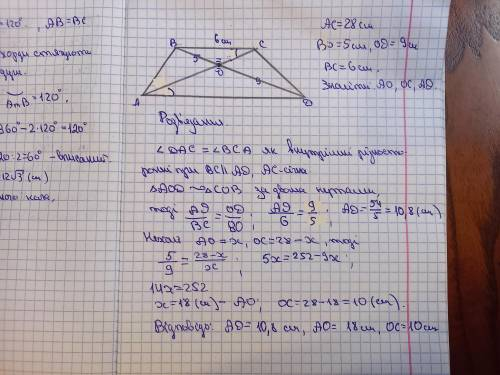 Одна з діагоналей трапеції дорівнює 28 см і ділить другу діагональ на відрізки довжиною 5 см i9 см.
