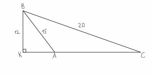 У трикутнику ABC <A - тупий, ВС = 20 см, AB = 15 см, ВК = 12 см висота трикутника. Знайдіть АС. -