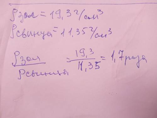 Во сколько раз масса Золото￼ объем 1 см кубе больше масса свинца при таком же объеме