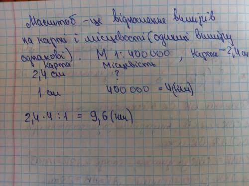 Відстань на карті між двома пунктами становить 2,4 см. Яка відстань між цими пунктами на місцевості,