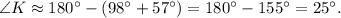 \angle K \approx 180^\circ - (98^\circ + 57^\circ ) = 180^\circ - 155^\circ = 25^\circ .