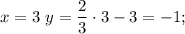 \[x = 3\ y = \displaystyle\frac{2}{3} \cdot 3 - 3 = - 1;\]