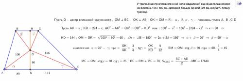У трапеції центр вписаного в неї кола віддалений від кінців більш основи на відстань 156 і 100 см. Д