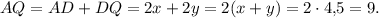 AQ = AD + DQ = 2x + 2y = 2(x + y) = 2 \cdot 4{,}5 = 9.