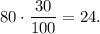 80 \cdot \displaystyle\frac{{30}}{{100}} = 24.