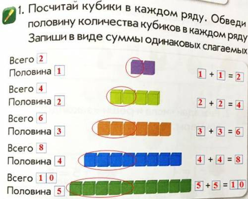 . 1. Посчитай кубики в каждом ряду. Обведи половину количества кубиков в каждом ряду. Запиши в виде