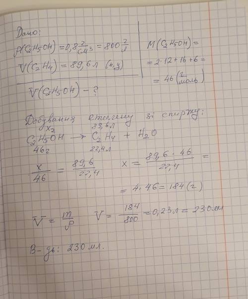 Який об'єм етилового спирту із густиною 0,8 г/см³ потрібен для добування 89,6 л етилену (н. у.)?