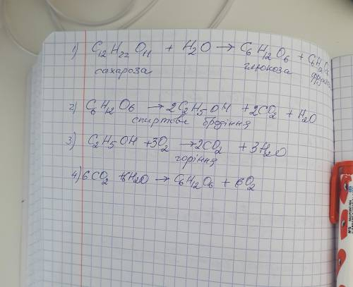 Здійснити перетворення С12Н22О11-->С6Н12О6-->С2Н5ОН-->СО2-->С6Н12О6