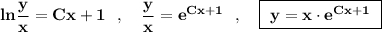 \bf \displaystyle ln\frac{y}{x}=Cx+1\ \ ,\ \ \ \frac{y}{x}=e^{Cx+1}\ \ ,\ \ \ \boxed{\bf \ y=x\cdot e^{Cx+1}\ }