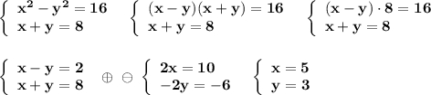 \left\{\begin{array}{l}\bf x^2-y^2=16\\\bf x+y=8\end{array}\right\ \ \left\{\begin{array}{l}\bf (x-y)(x+y)=16\\\bf x+y=8\end{array}\right\ \ \left\{\begin{array}{l}\bf (x-y)\cdot 8=16\\\bf x+y=8\end{array}\rightleft\{\begin{array}{l}\bf x-y=2\\\bf x+y=8\end{array}\right\ \oplus \ \ominus \ \left\{\begin{array}{l}\bf 2x=10\\\bf -2y=-6\end{array}\right\ \ \left\{\begin{array}{l}\bf x=5\\\bf y=3\end{array}\right