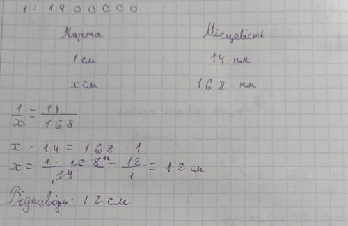 Масштаб карти, яку розробляють, повинен бути 1: 1400000. На карту потрібно перенести відстань між об