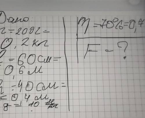 Брусок, маса якого 200 г, тягнуть вздовж похилої площини, довжина якої 60 см, а висота 40 см. ККД по